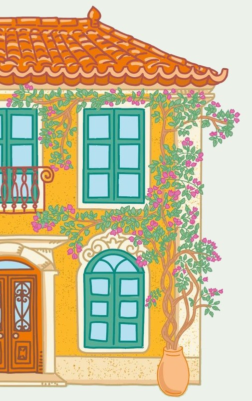 Illustration of a yellow Portuguese house with green shutters, a tiled roof and bougainvillea